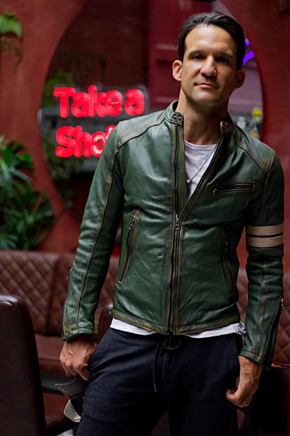 MUSTANG HB Leather Jacket - Special Edition - Green with Stripes