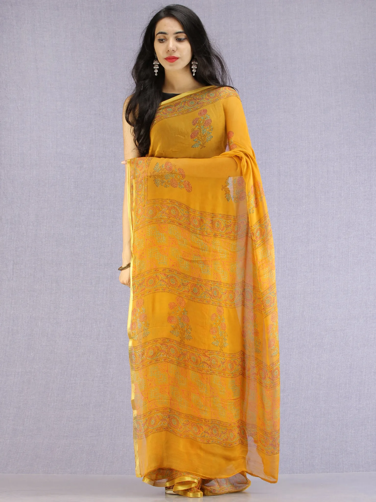 Mustard Red Green Hand Block Printed Chiffon Saree with Zari Border - S031704603