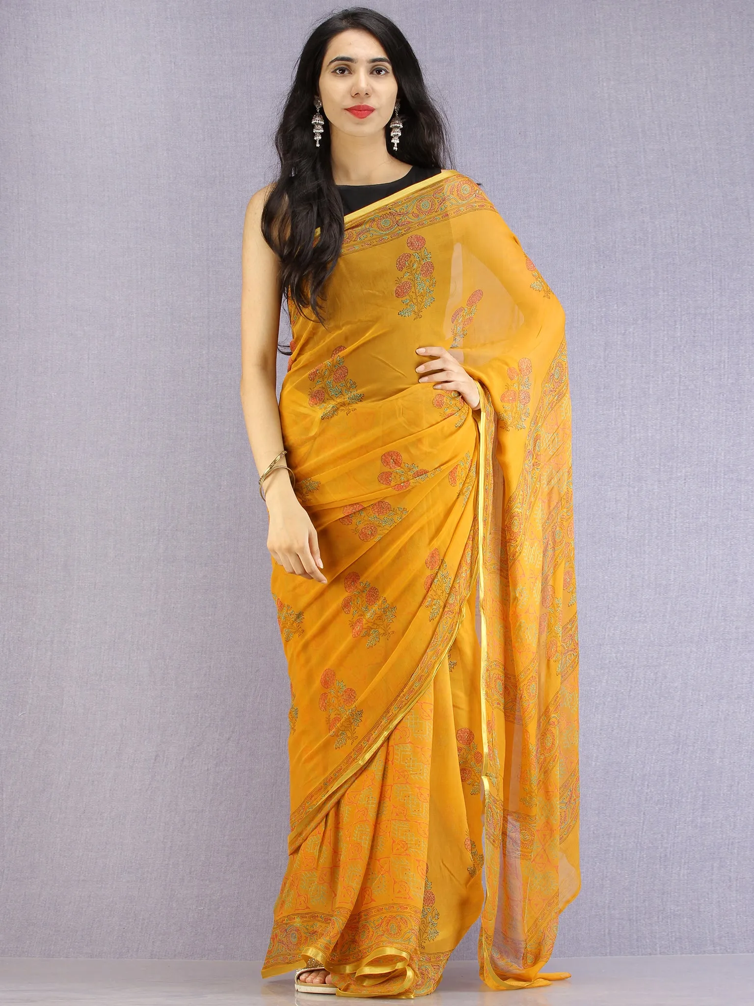 Mustard Red Green Hand Block Printed Chiffon Saree with Zari Border - S031704603