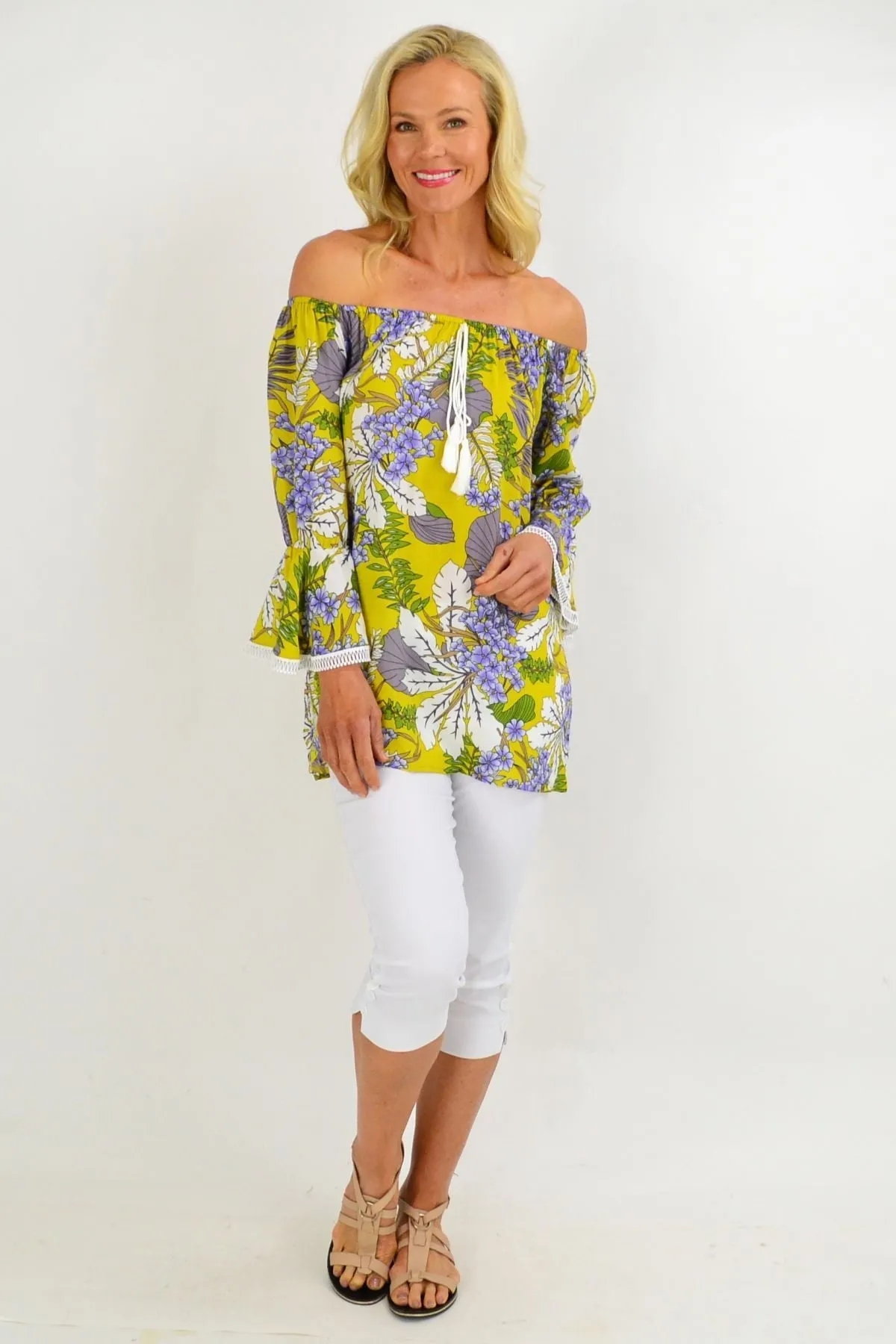 Mustard Tropical Tassel Off shoulder Tunic Top