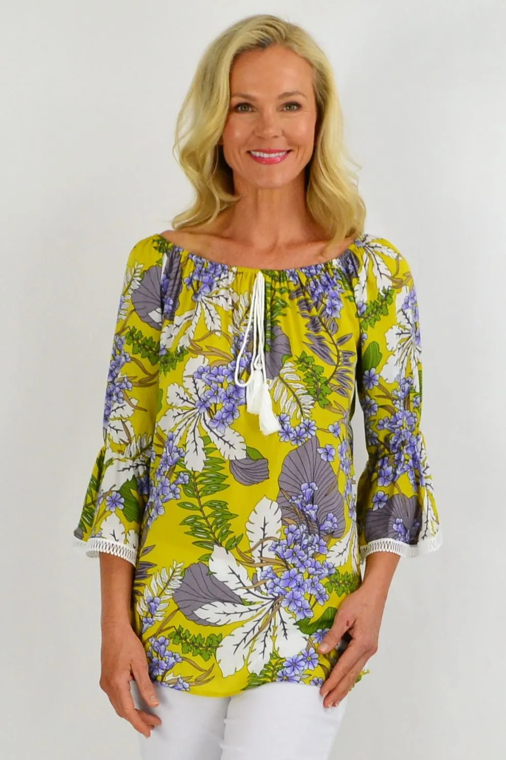 Mustard Tropical Tassel Off shoulder Tunic Top