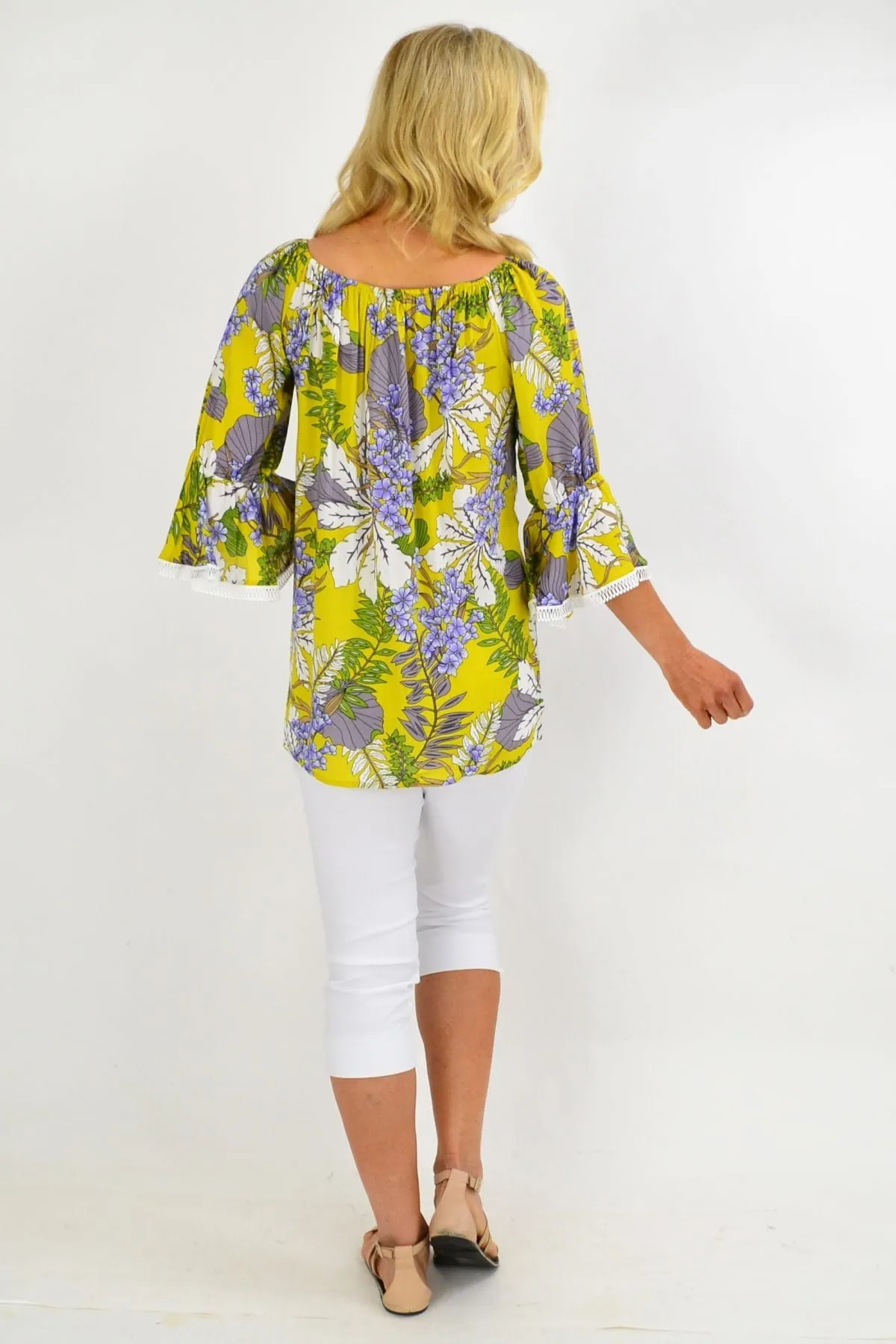 Mustard Tropical Tassel Off shoulder Tunic Top