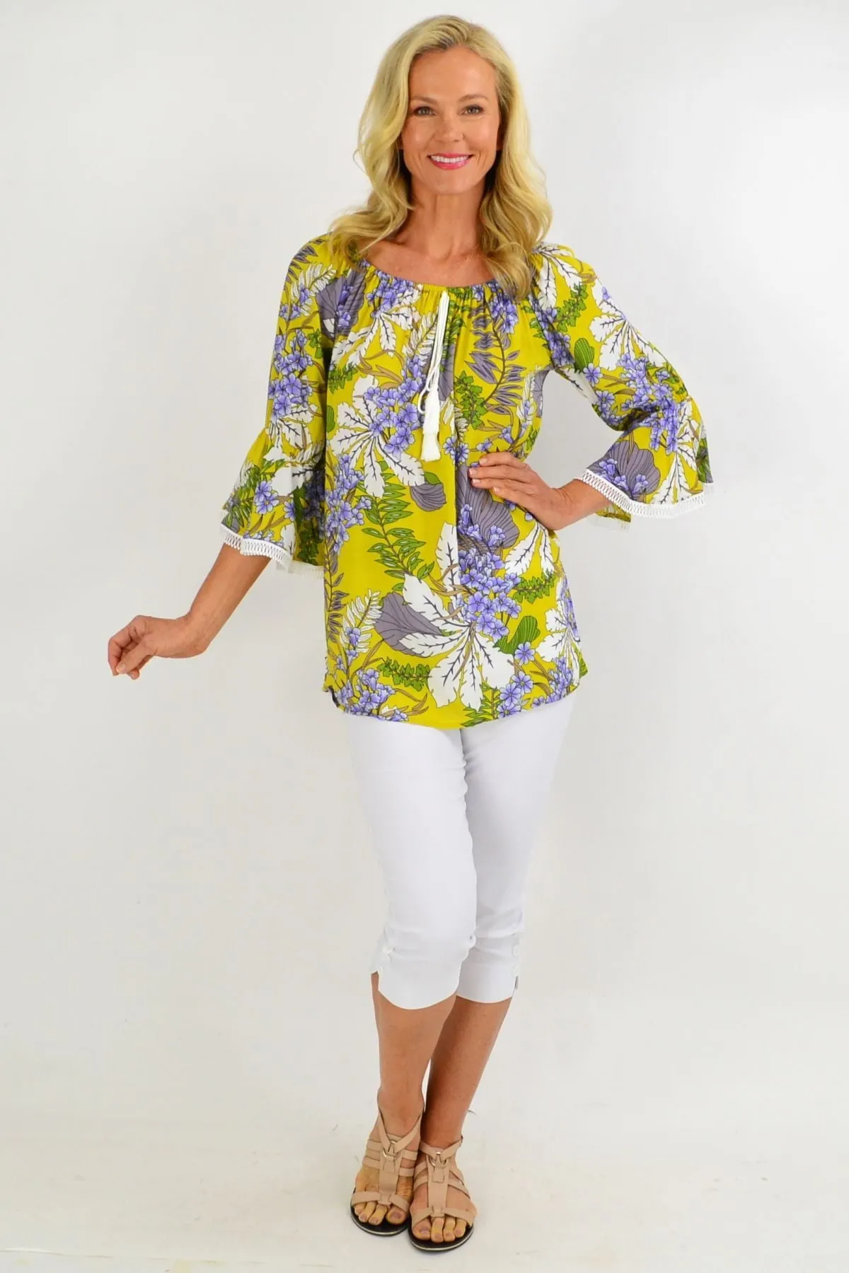 Mustard Tropical Tassel Off shoulder Tunic Top