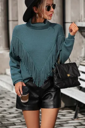 Myra Triangle Tassels Fringe Knit Top - Blue