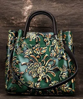 Natural Green Floral Paitings Calf Leather Satchel Handbag