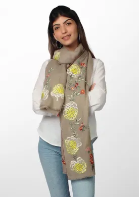 Natural Melange Wool and Silk Scarf with Multicolor Embroidery