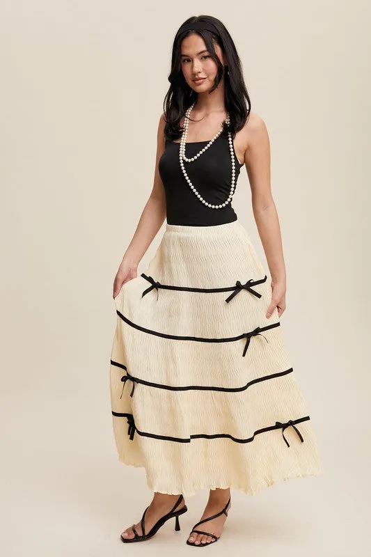 Natural Plisse Bow Contrast Maxi Skirt