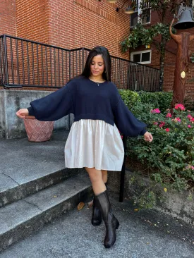 Navy & Beige Oversized Knit Sweater Dress