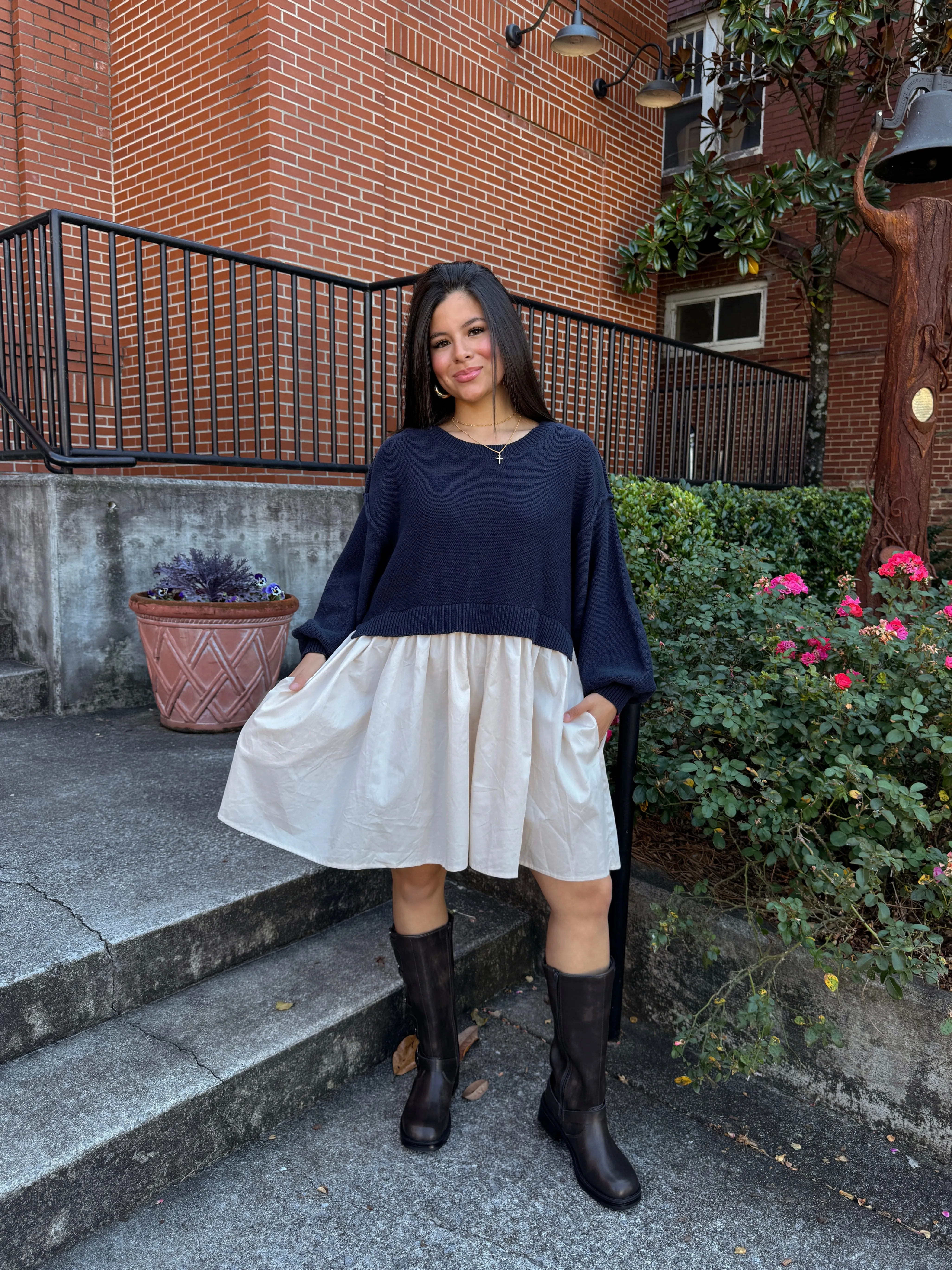 Navy & Beige Oversized Knit Sweater Dress