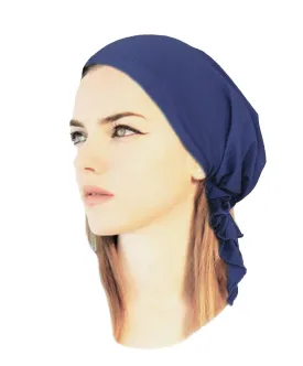 Navy Blue Periwinkle Pre-Tied Head-Cover Cotton Snood Tichel Head Scarf Cancer Chemo Friendly in 30 Different Colors! (Navy blue short - 023)