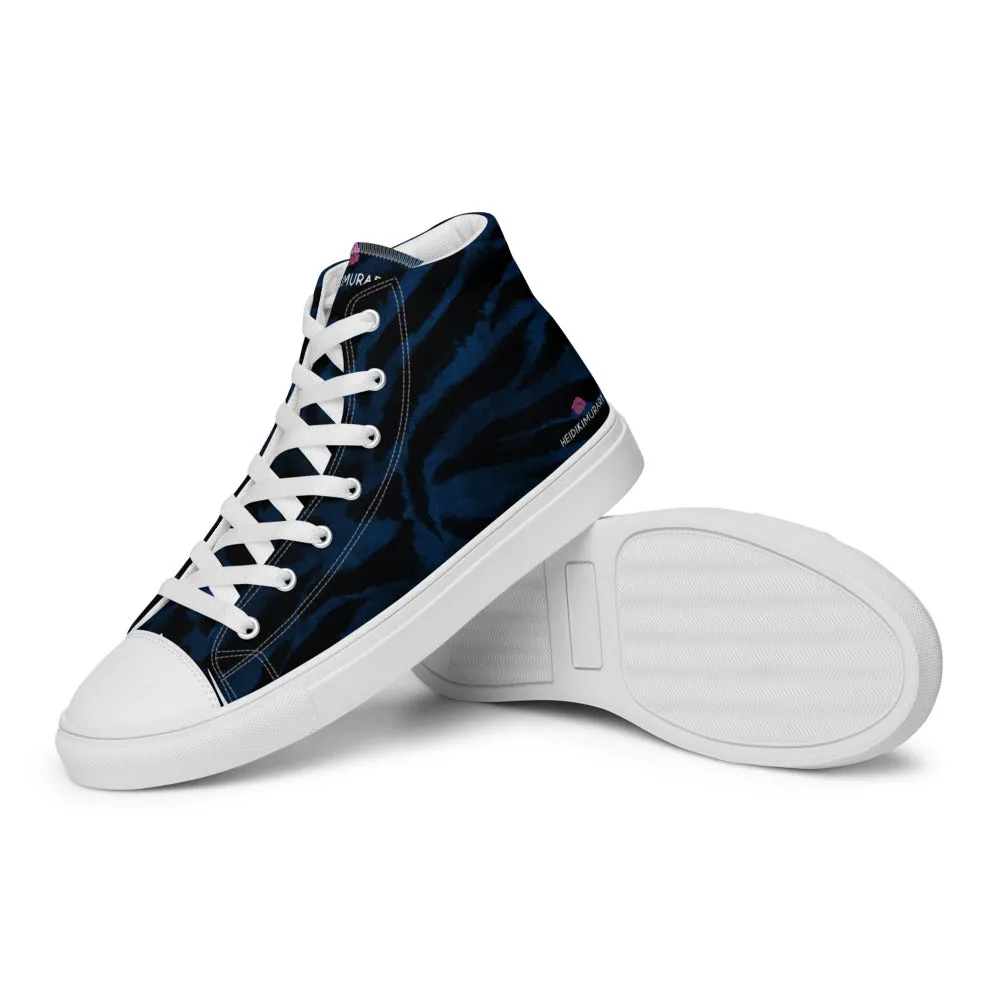 Navy Blue Tiger Men's Sneakers, Tiger Faux Skin Striped Animal Print Designer High Tops For Men