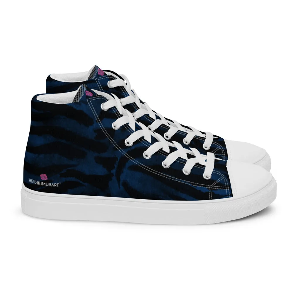 Navy Blue Tiger Men's Sneakers, Tiger Faux Skin Striped Animal Print Designer High Tops For Men