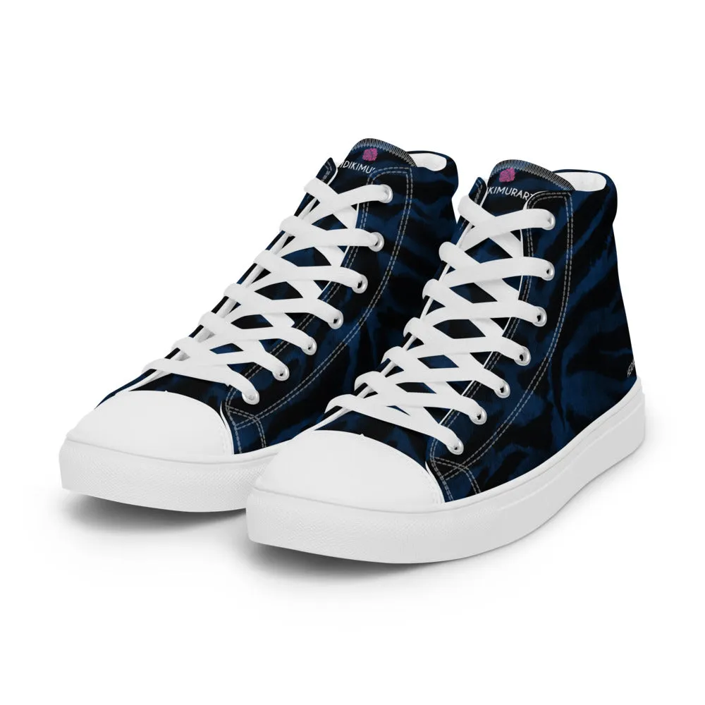 Navy Blue Tiger Men's Sneakers, Tiger Faux Skin Striped Animal Print Designer High Tops For Men