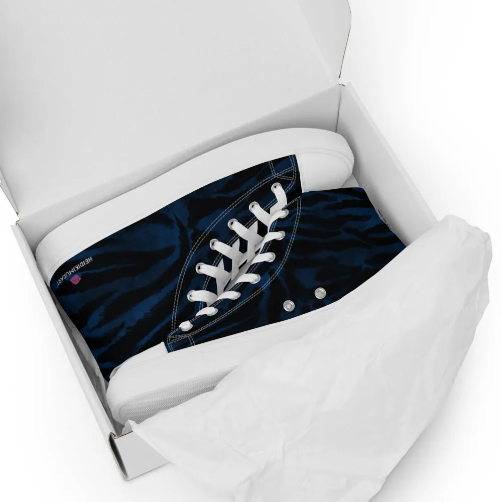 Navy Blue Tiger Men's Sneakers, Tiger Faux Skin Striped Animal Print Designer High Tops For Men