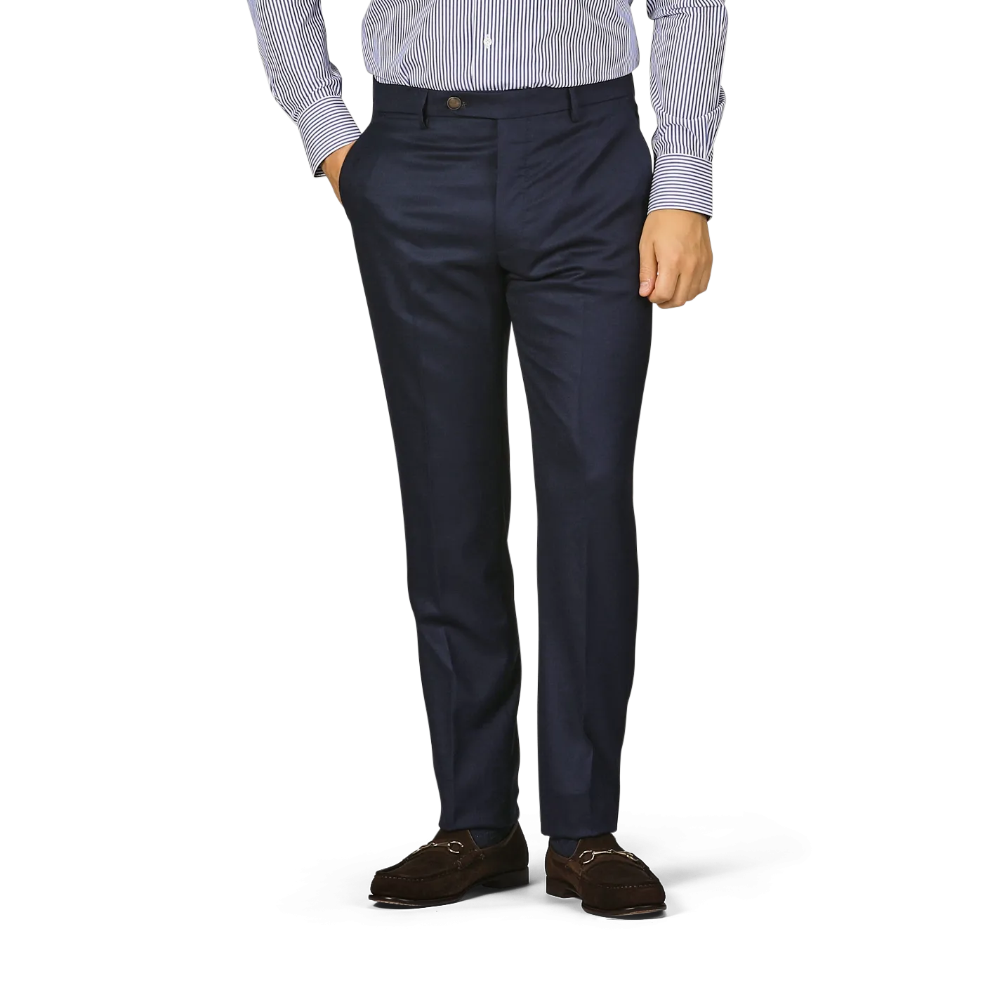 Navy Blue Wool Flannel Flat Front Trousers