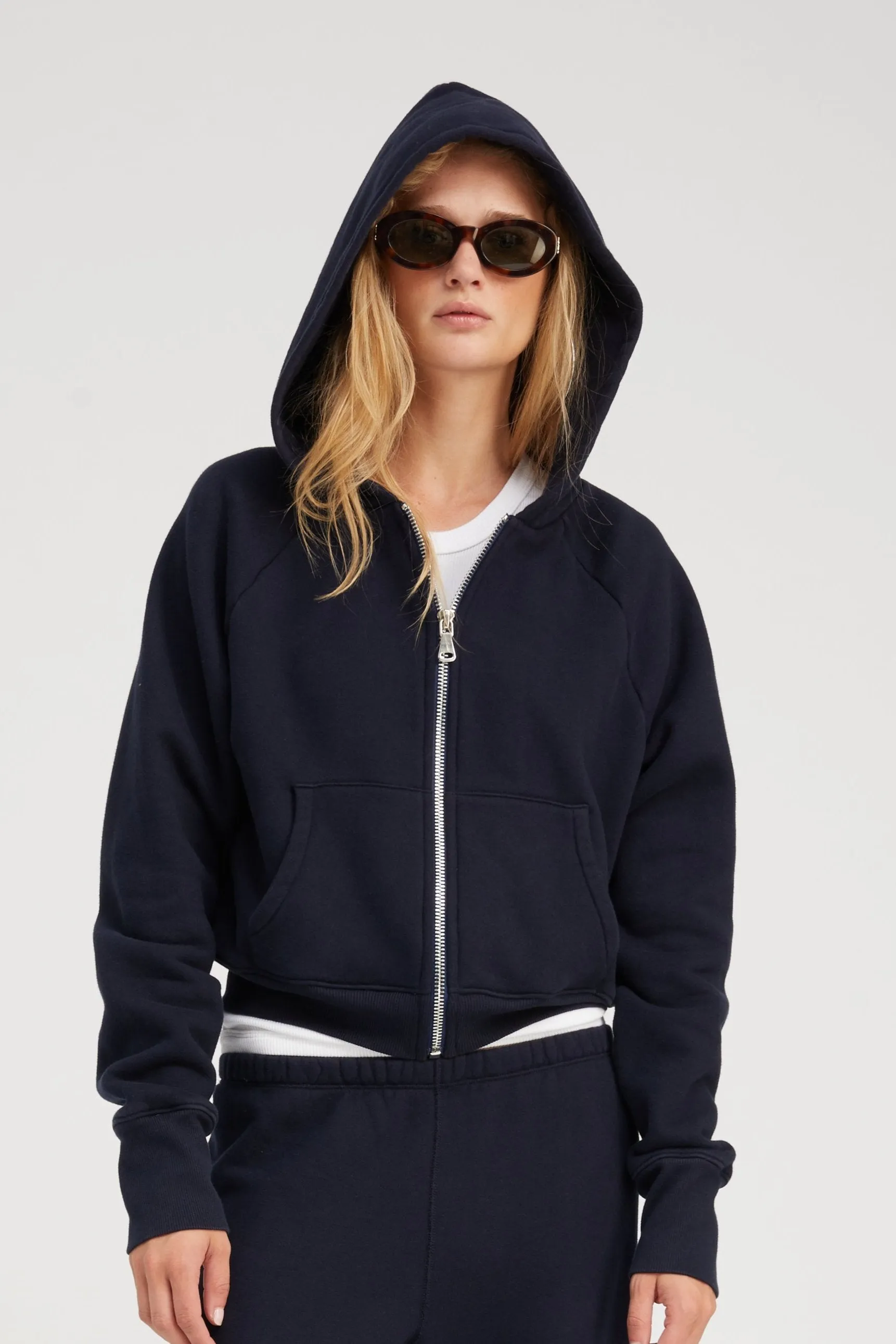 Navy Cotton Shrunken Zip Up Hoodie