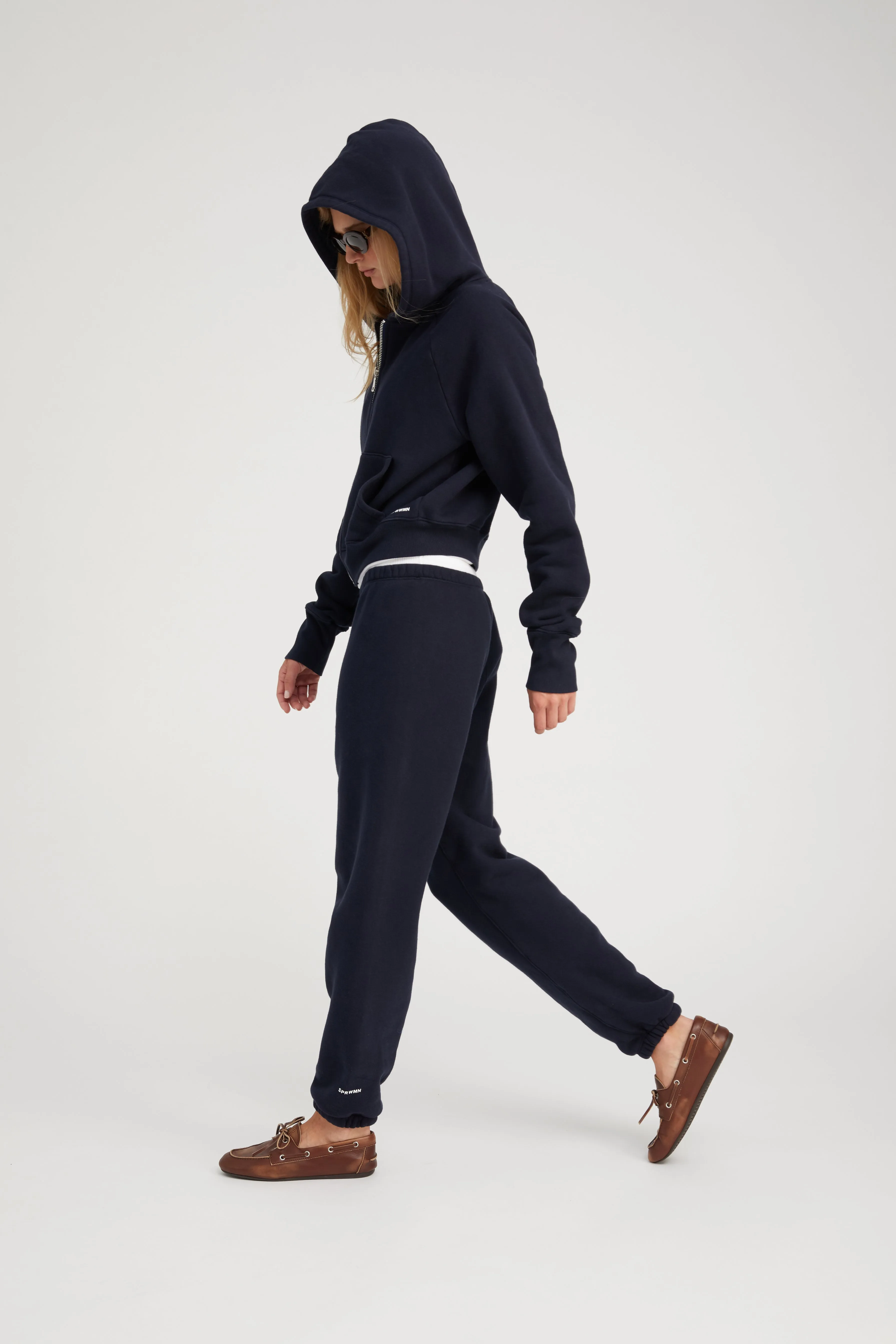 Navy Cotton Shrunken Zip Up Hoodie