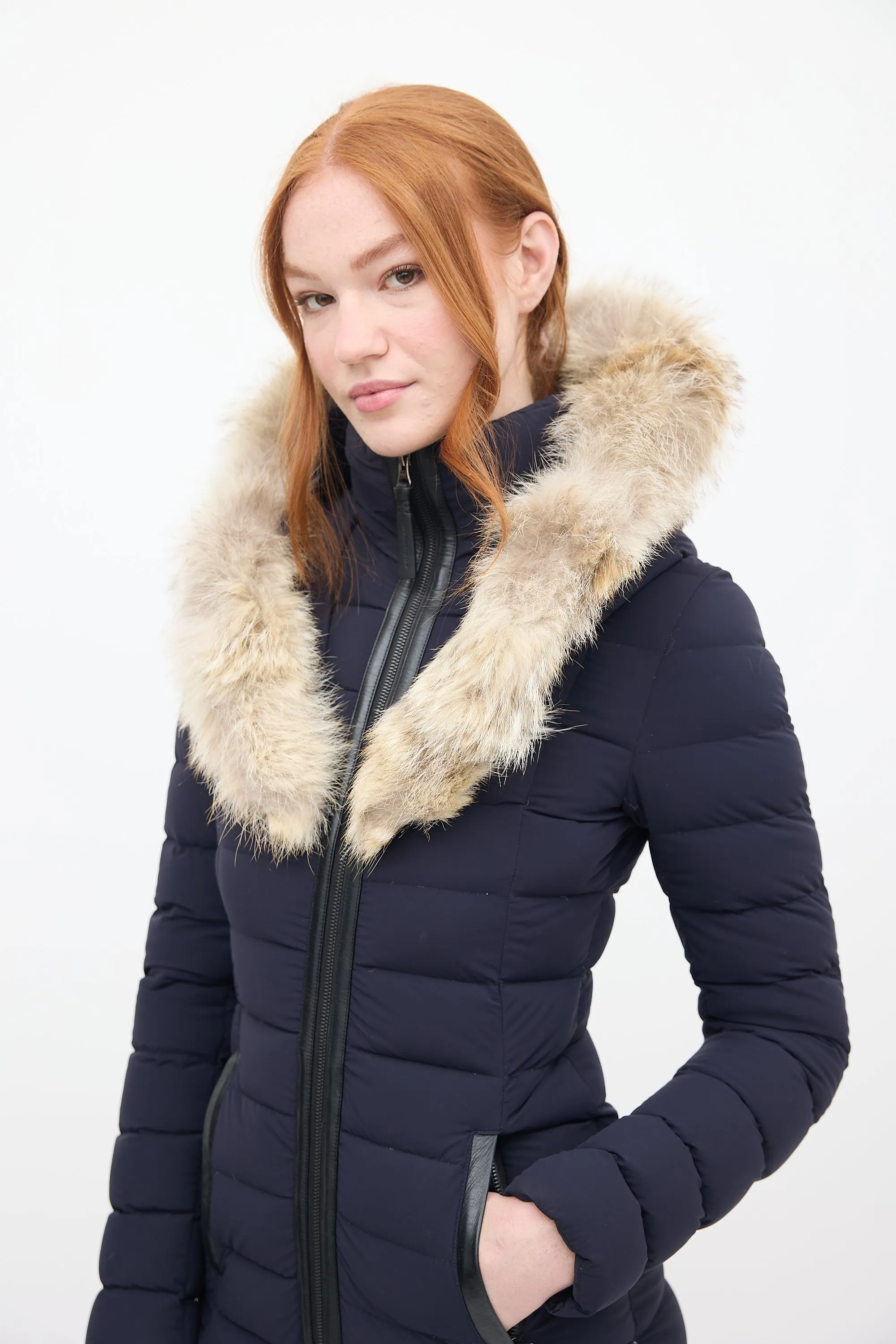 Navy Down & Fur Trim Hooded Puffer Jacket