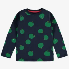 Navy Long Sleeves Jersey T-Shirt with Green Apples Print