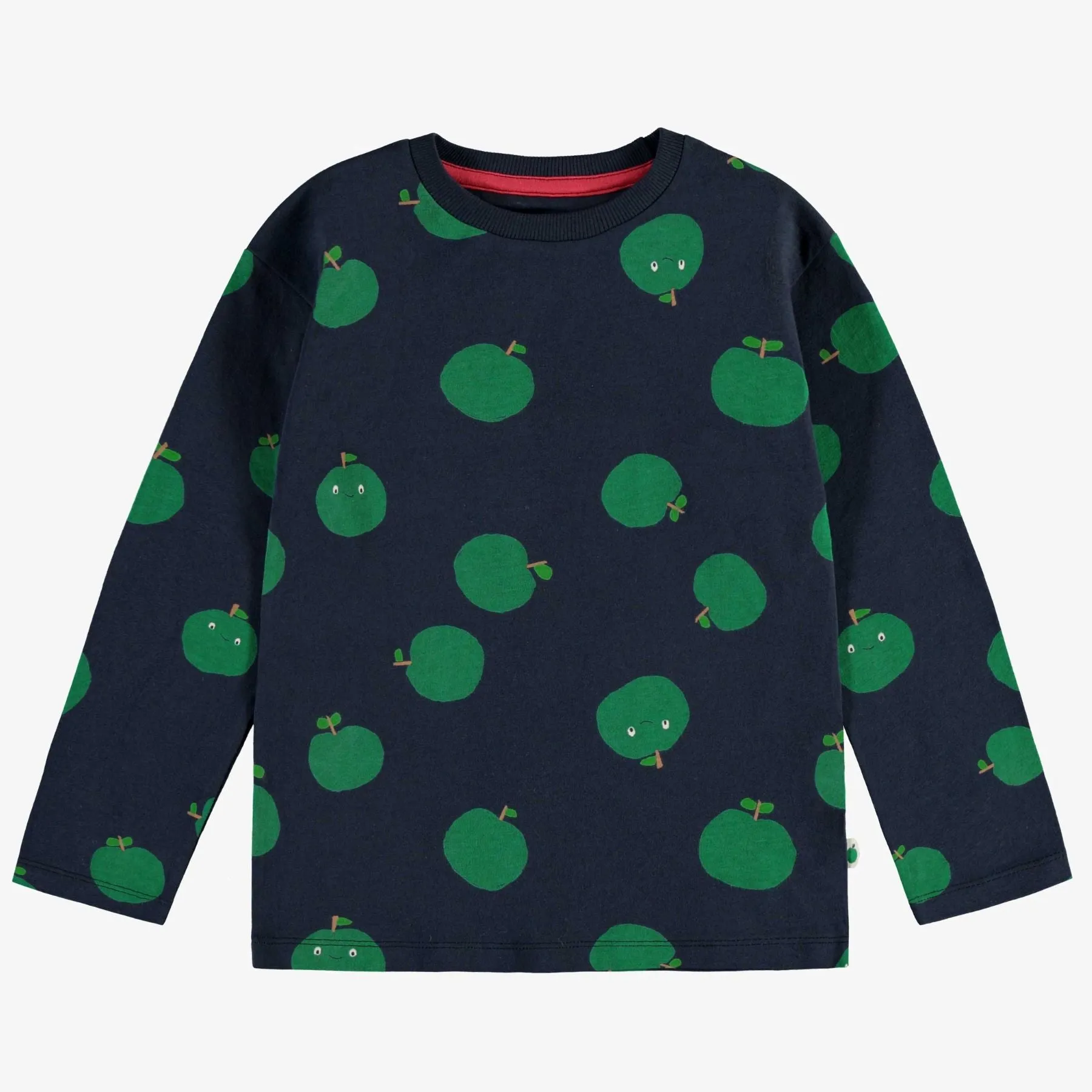 Navy Long Sleeves Jersey T-Shirt with Green Apples Print