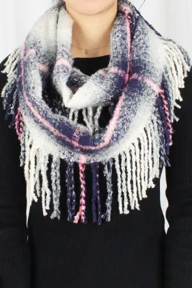 Navy Plaid Infinity Scarf with Tassel