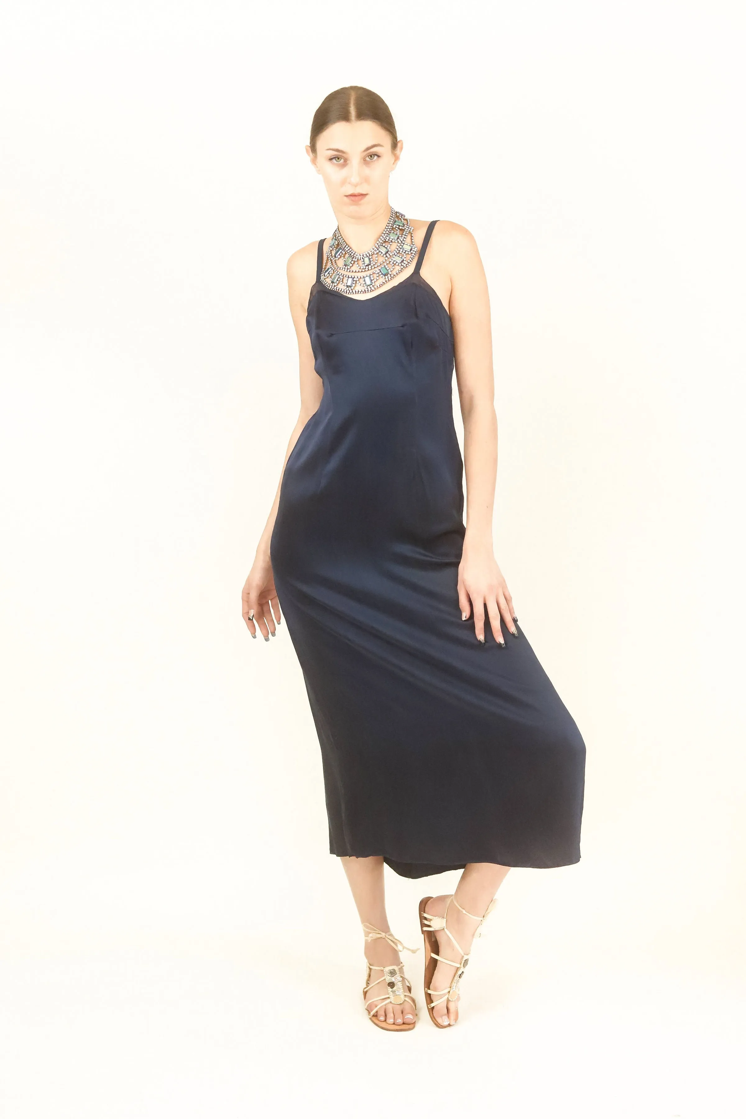 Navy Satin Slip Dress