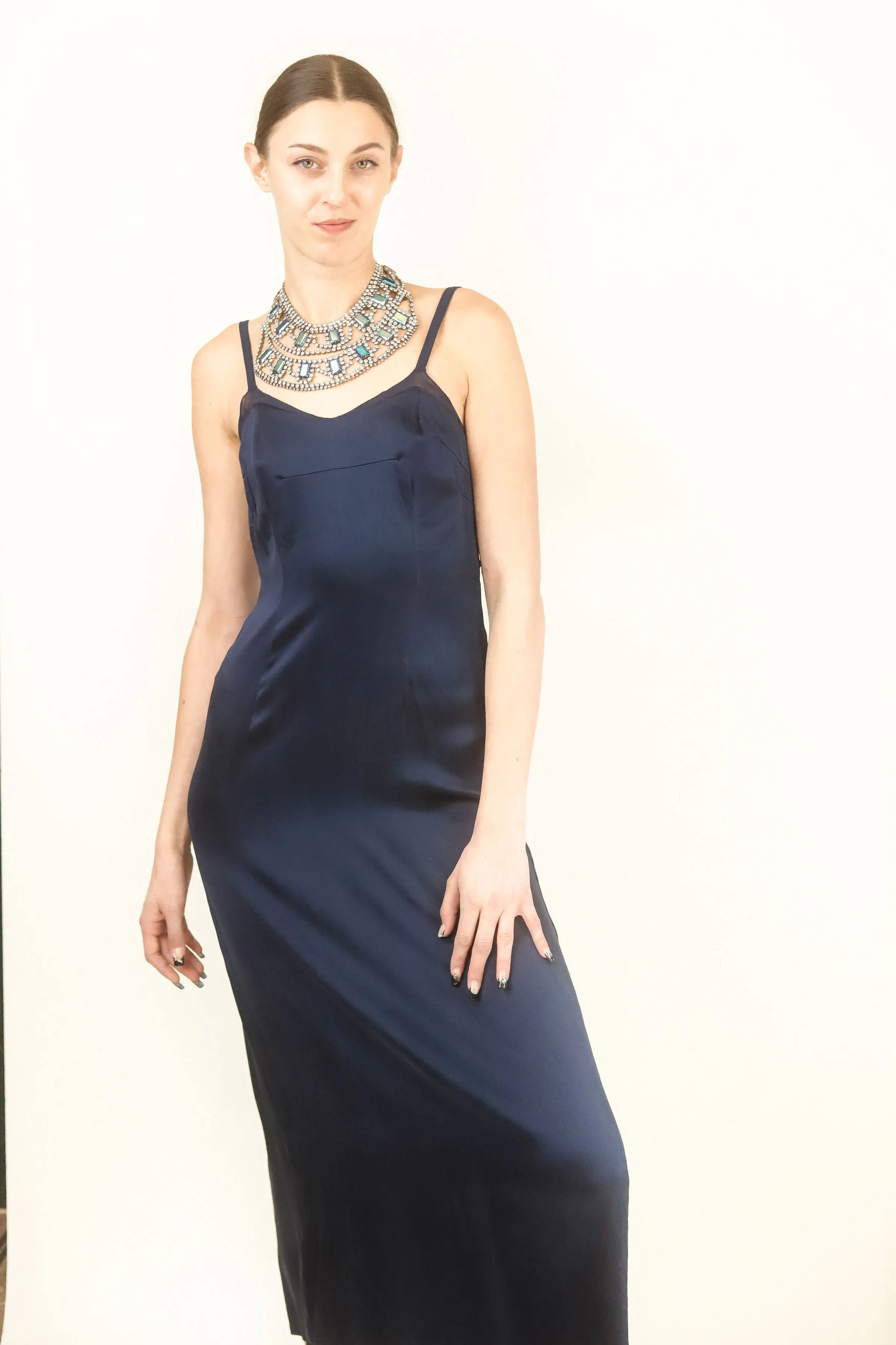 Navy Satin Slip Dress