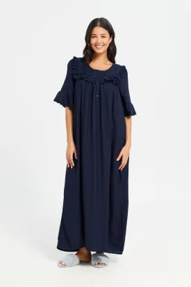 Navy Short Sleeve Frill Lace Nightgown