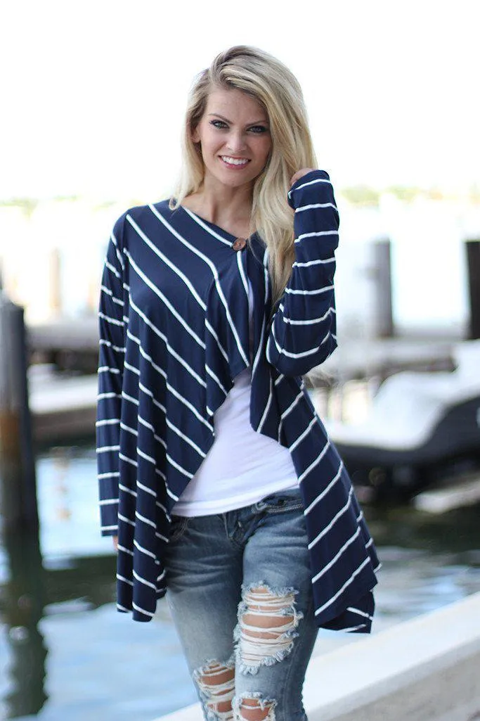 Navy Striped Cardigan With Button