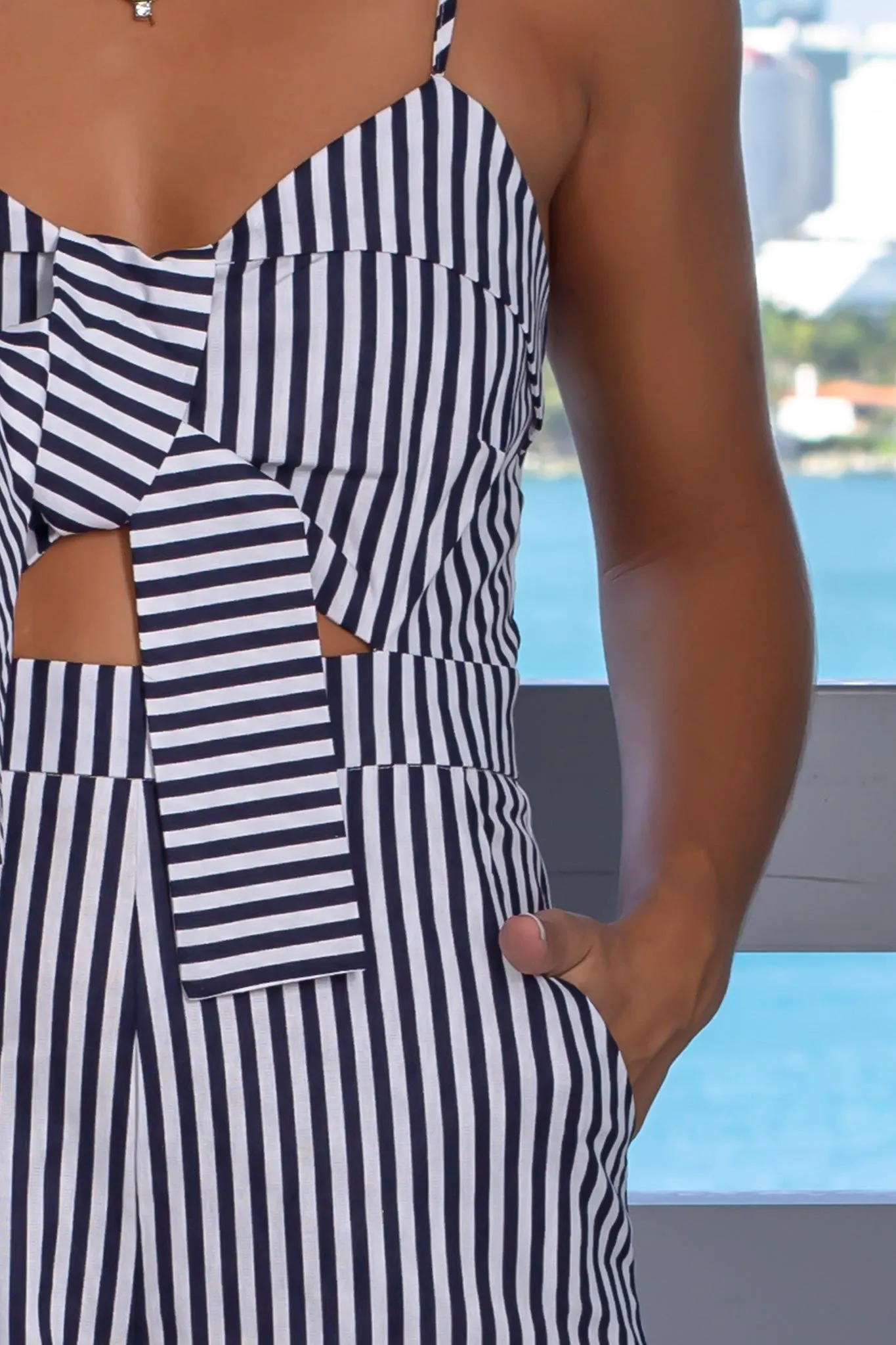 Navy Striped Jumpsuit with Front Tie