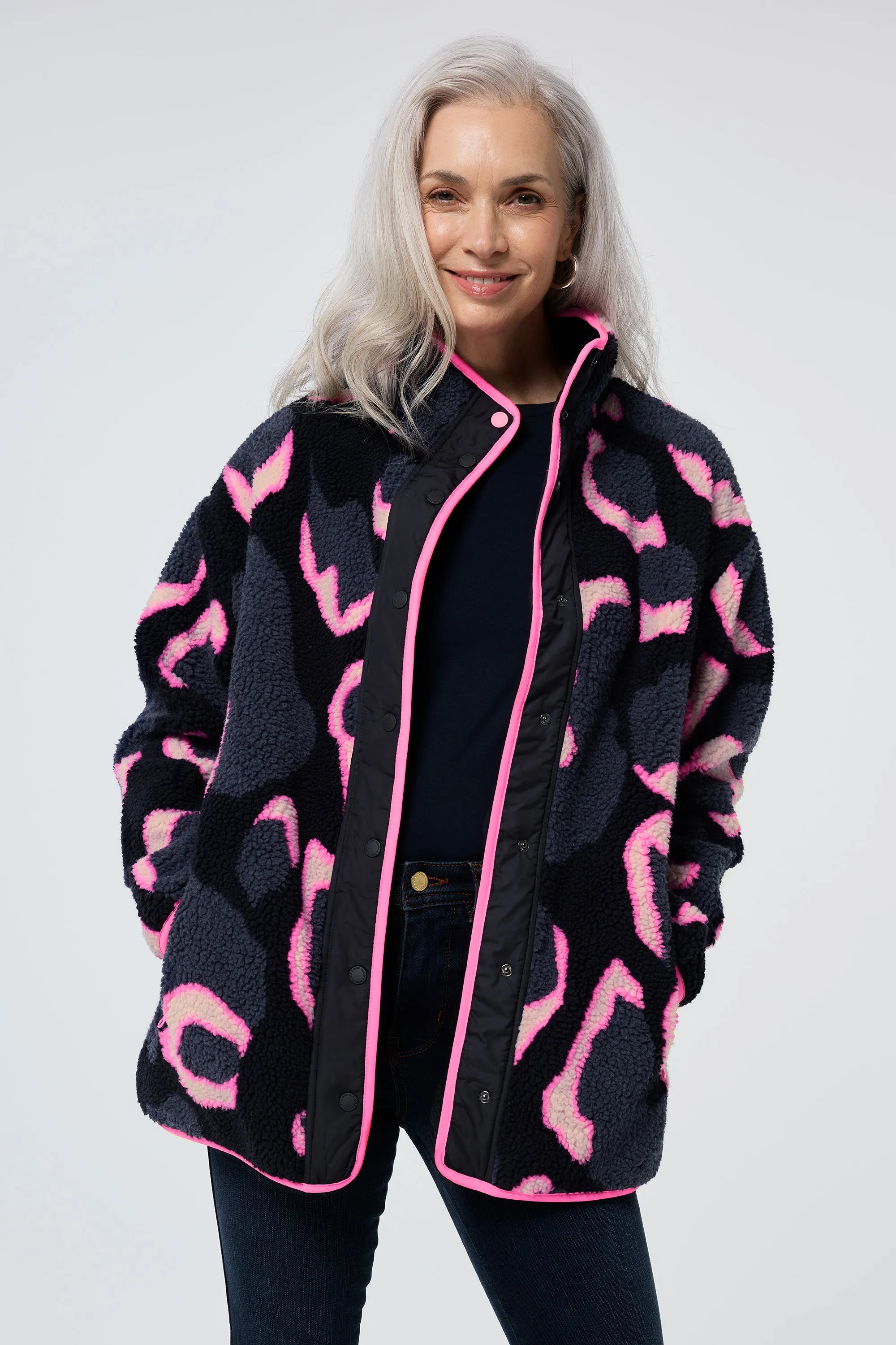 Navy with Pink Mega Shadow Leopard Button Through Fleece Jacket