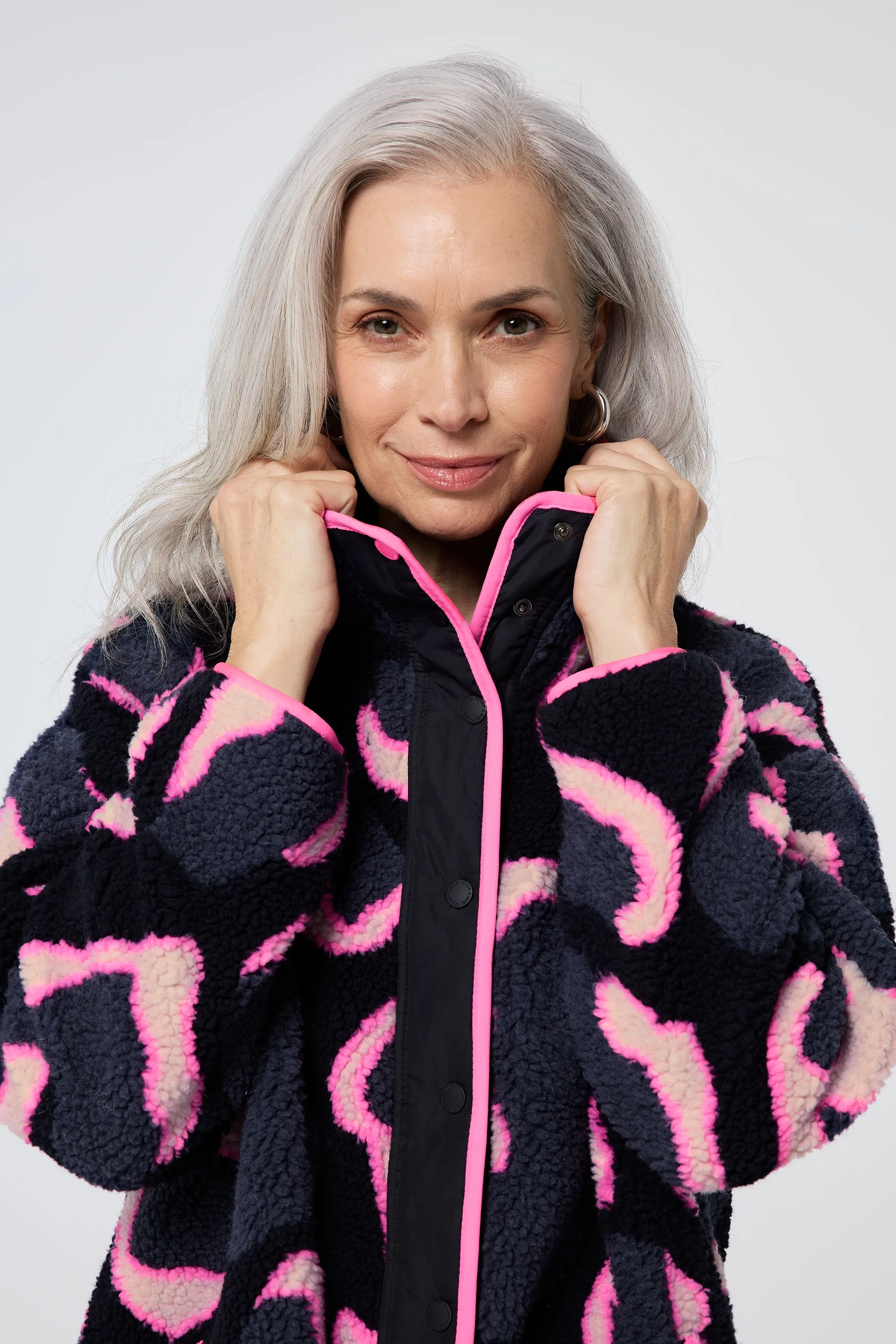 Navy with Pink Mega Shadow Leopard Button Through Fleece Jacket