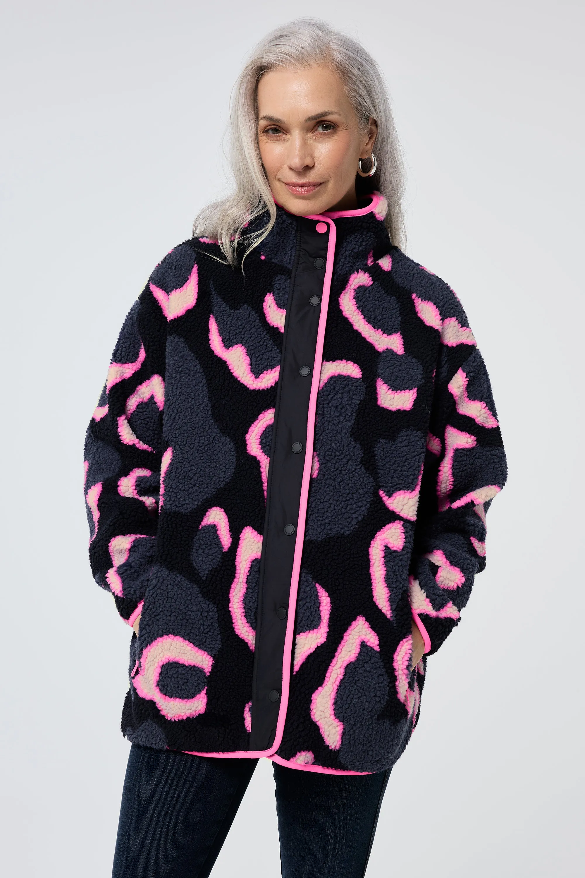 Navy with Pink Mega Shadow Leopard Button Through Fleece Jacket