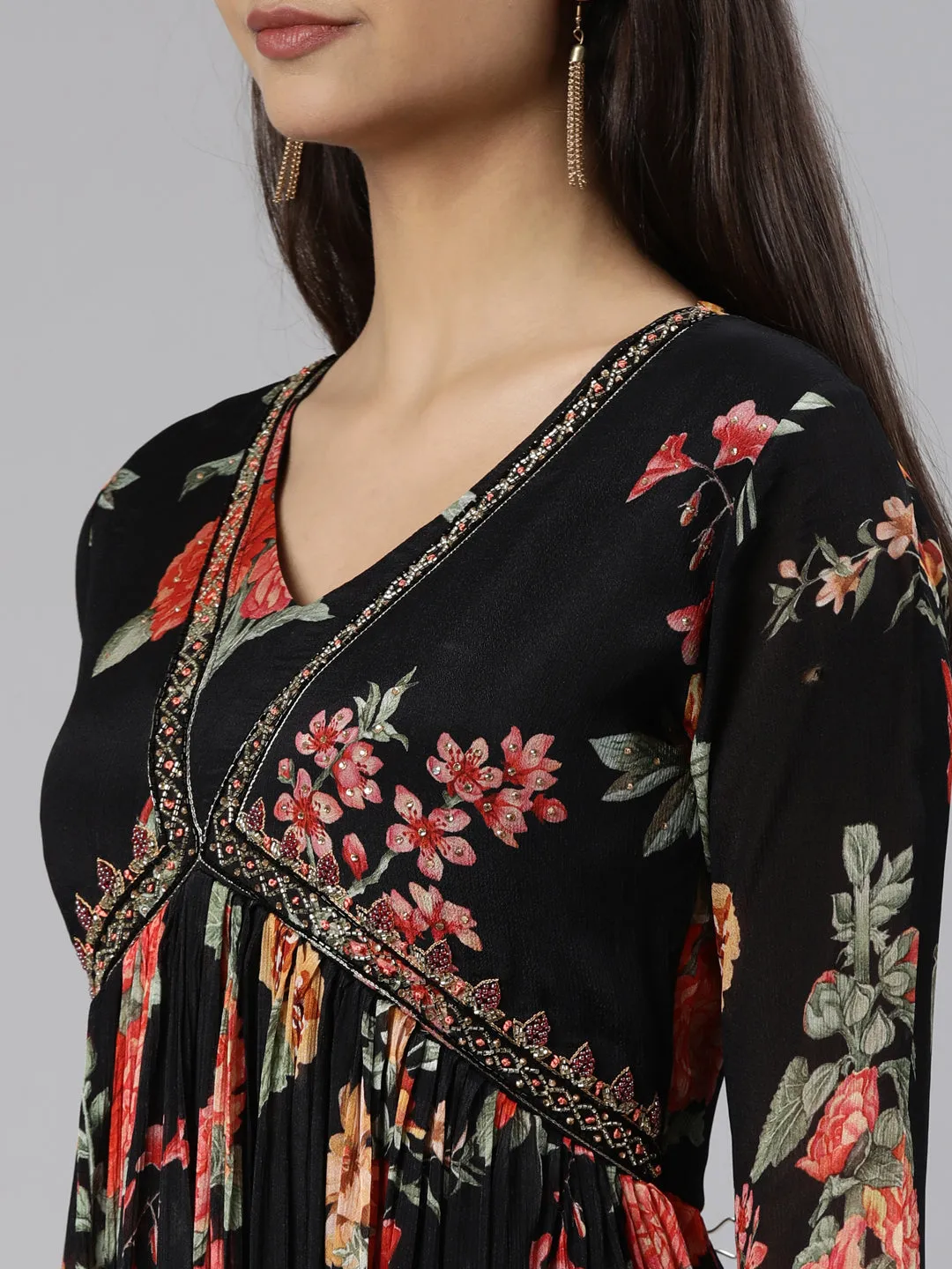 Neeru's Black Flared Casual Floral Dresses