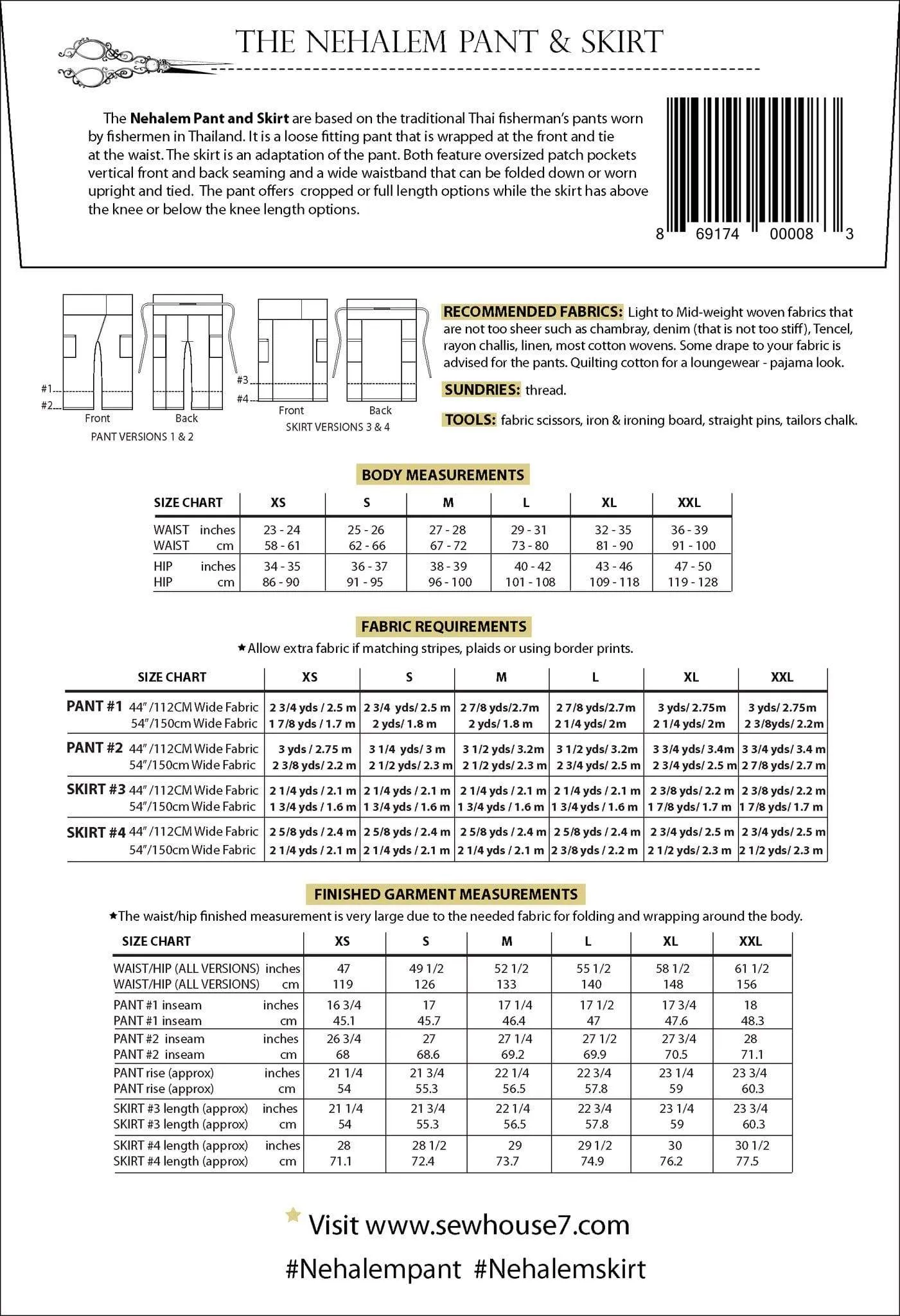Nehalem Pant and Skirt Sizes XS-XXL - Sew House Seven