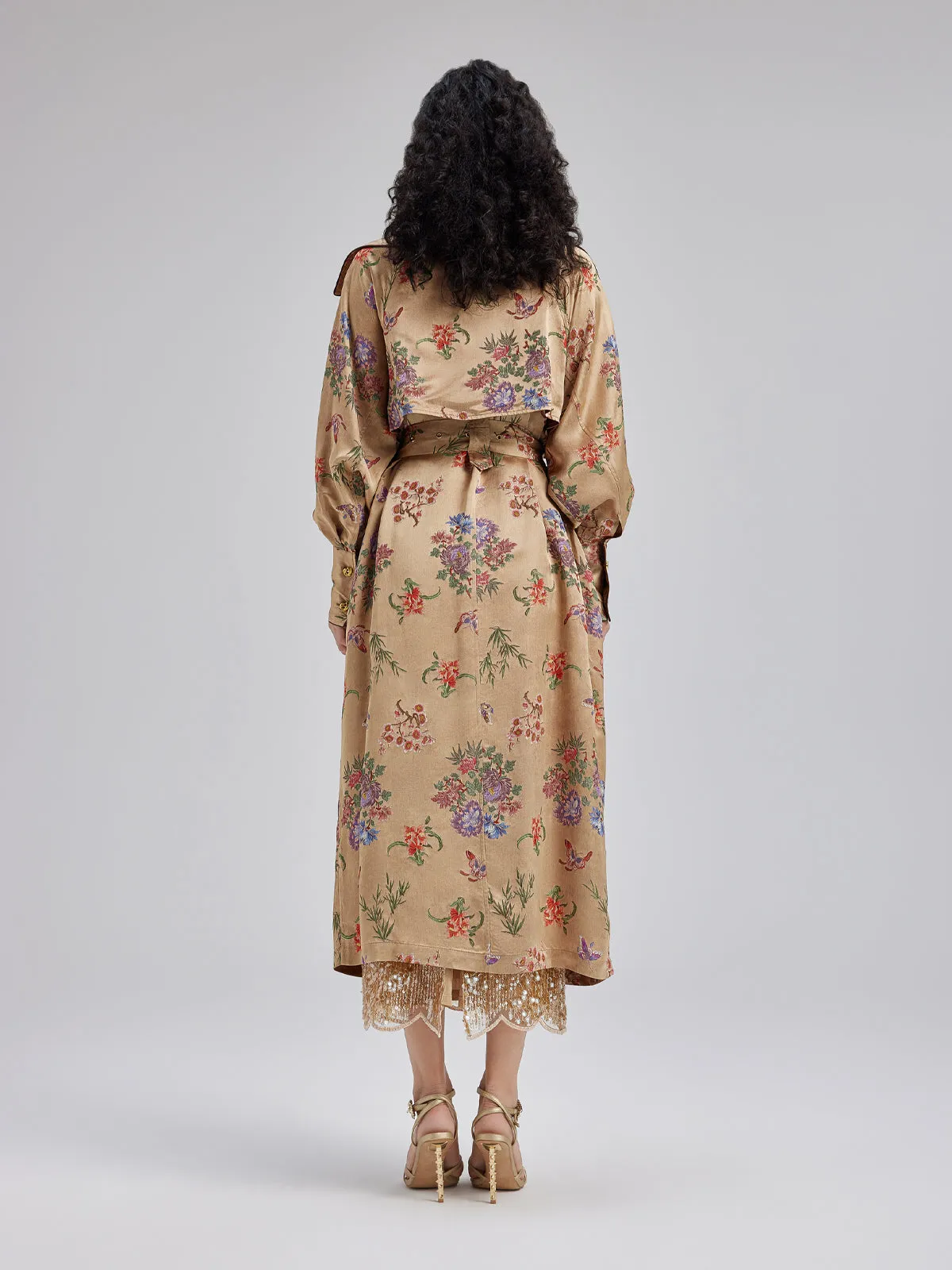 Neo Chinese Style Silk Print Trench Coat