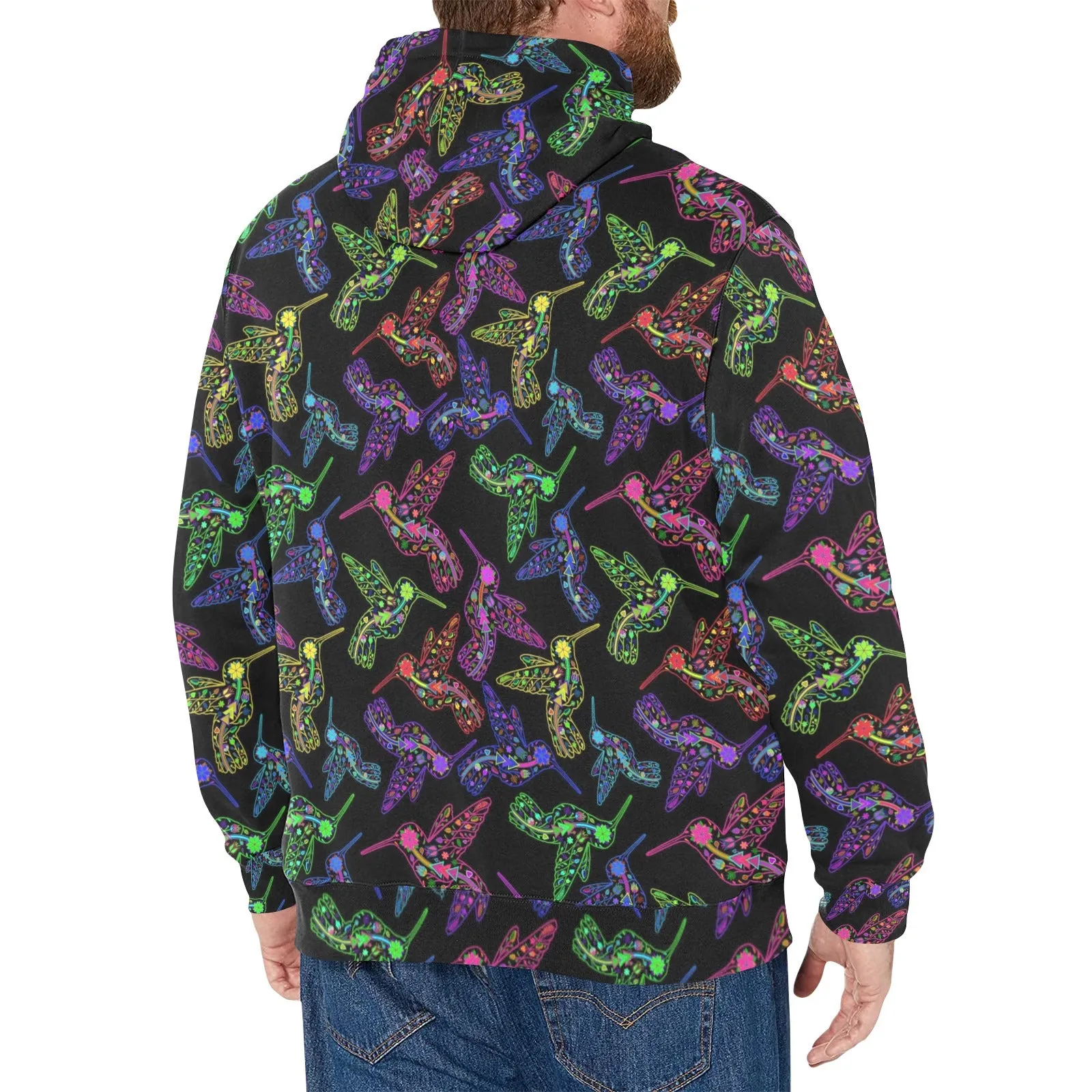 Neon Floral Hummingbirds Men's Long Sleeve Fleece Hoodie