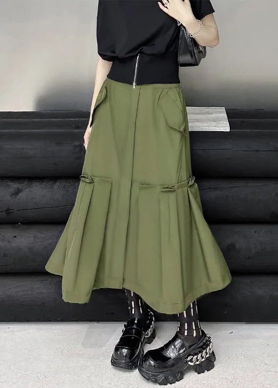 New Army Green Pockets High Waist Patchwork Cotton A Line Skirts Fall LY9549