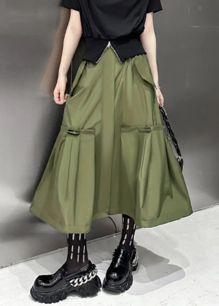 New Army Green Pockets High Waist Patchwork Cotton A Line Skirts Fall LY9549