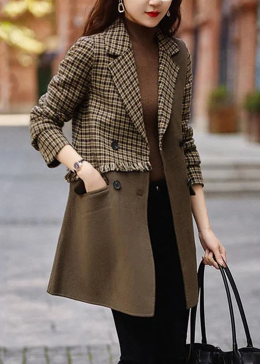 New Brown Plaid Pockets Patchwork Woolen Coat Long Sleeve LY9658