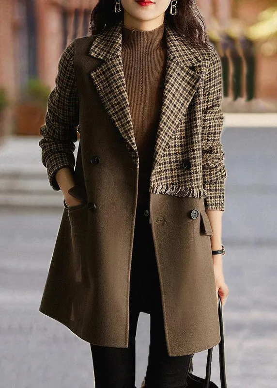 New Brown Plaid Pockets Patchwork Woolen Coat Long Sleeve LY9658