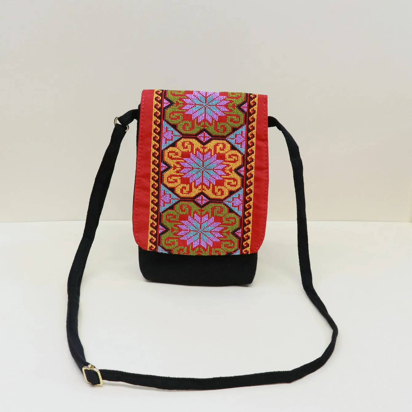 New Ethnic Embroidery Canvas Embroidered Double-layer Mobile Phone Bag Change One-shoulder Messenger Bag