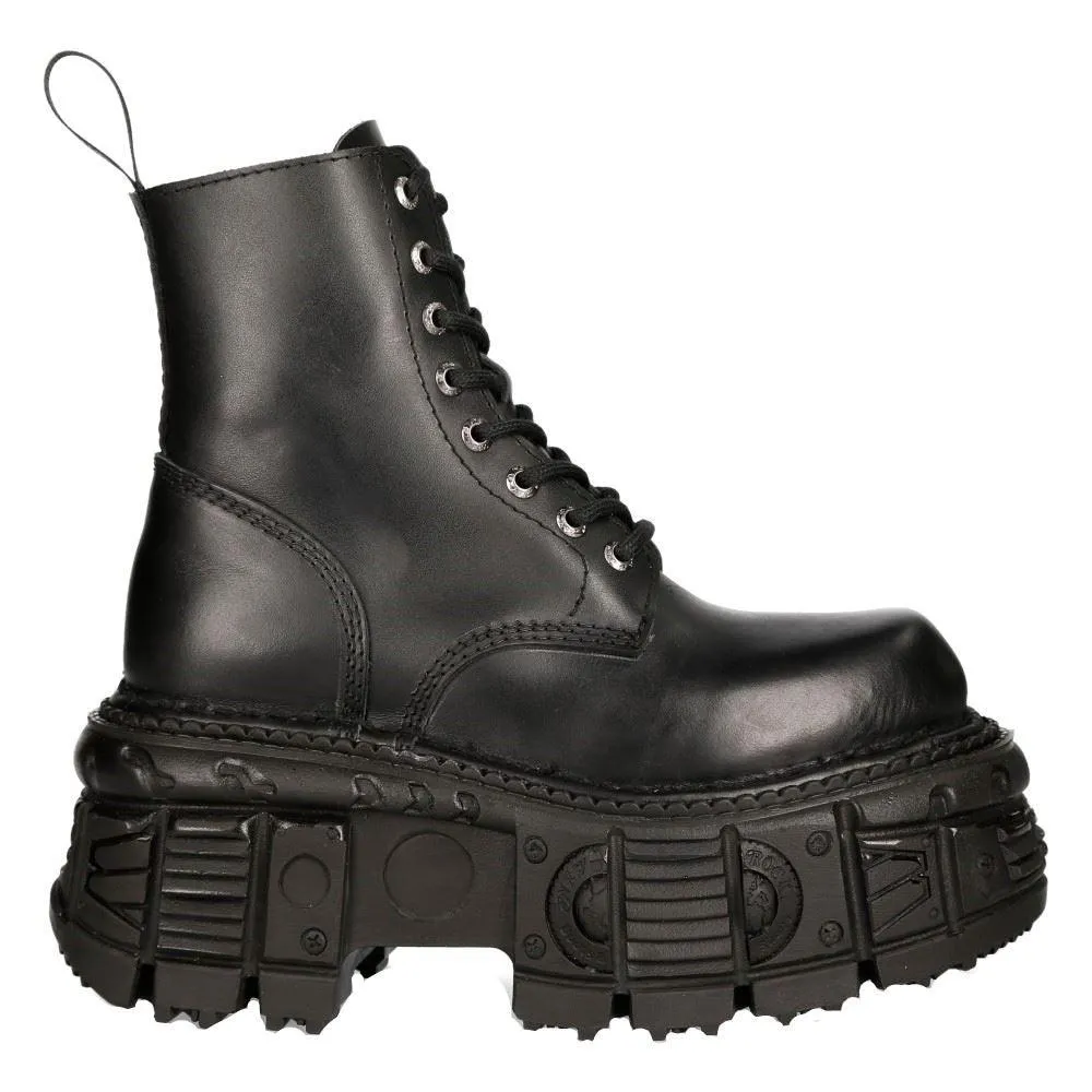 New Rock M-MILI084N-S5 Unisex Black 100% Leather Platform Military Boots