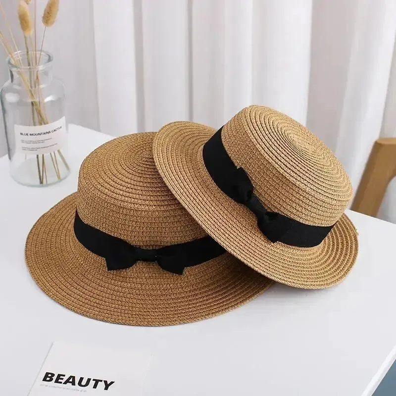 New Summer Parent-Child Bucket Cap Women Sun Visor Bowknot Straw Hat Girls Outdoor Beach Travel Sunshade Wide Cap