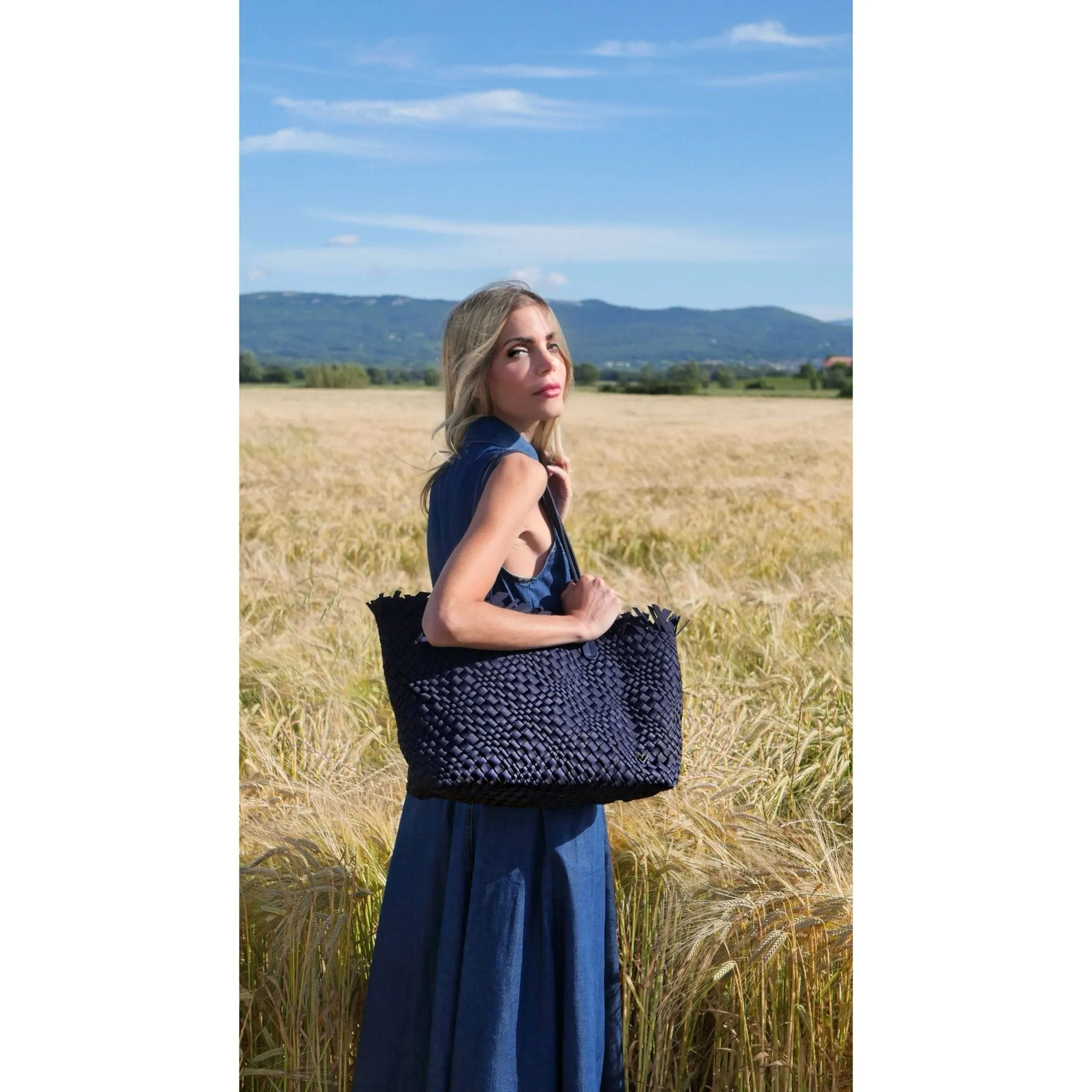 NEW: Vulcan Woven Large Tote (Fringed Top) - Navy