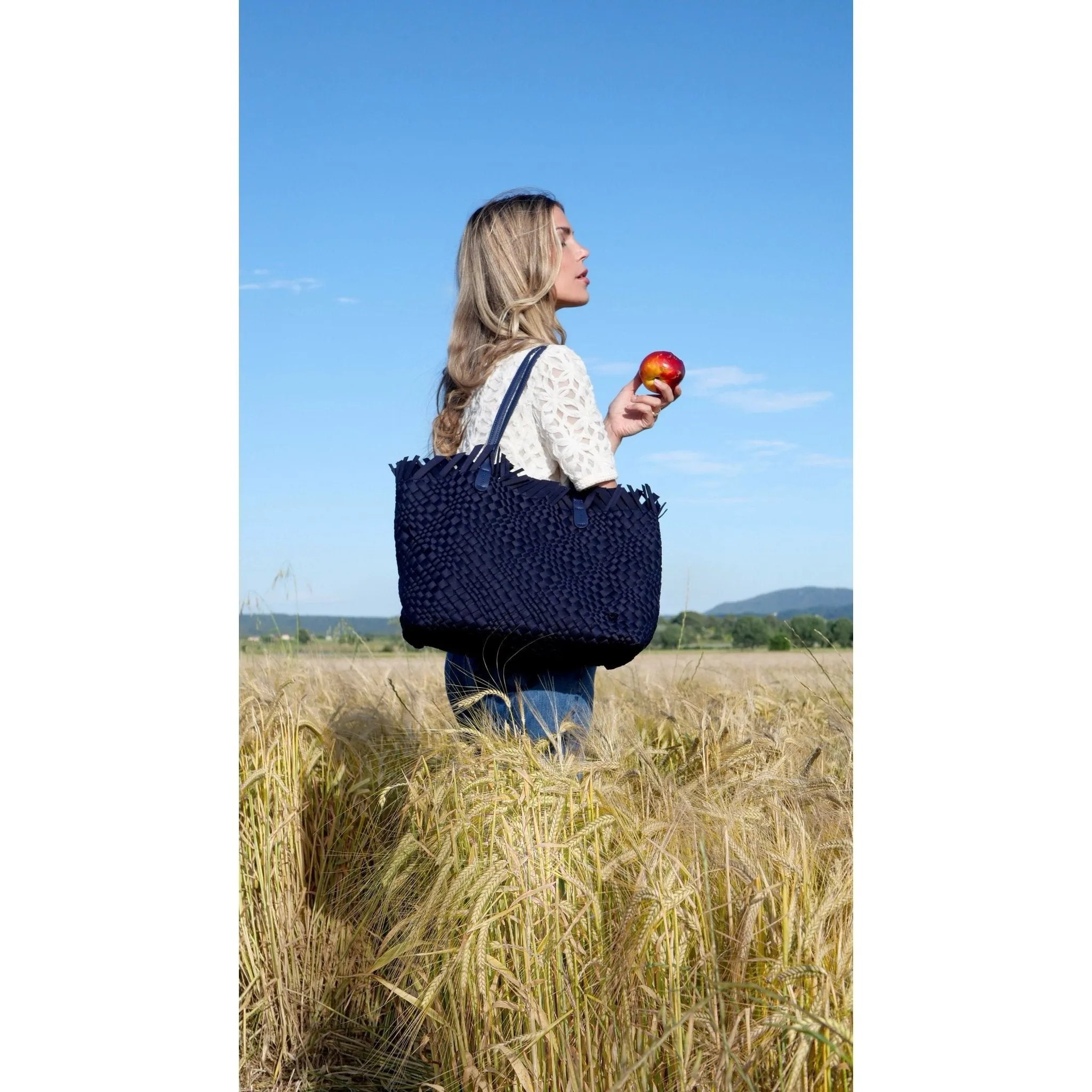 NEW: Vulcan Woven Large Tote (Fringed Top) - Navy