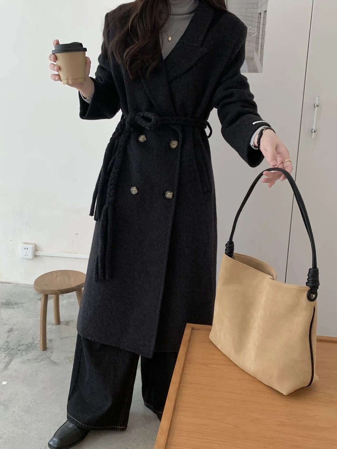 New Waistband Design Double-Sided Wool Coat