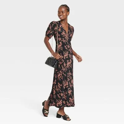 New - Women's Crepe Puff Short Sleeve Midi Dress - A New Day Black/Brown Floral XL