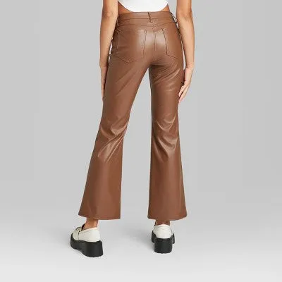 New - Women's Low-Rise Faux Leather Flare Pants - Wild Fable Brown 14