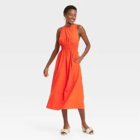 New - Women's Poplin Cross Back Midi Dress - A New Day Red S